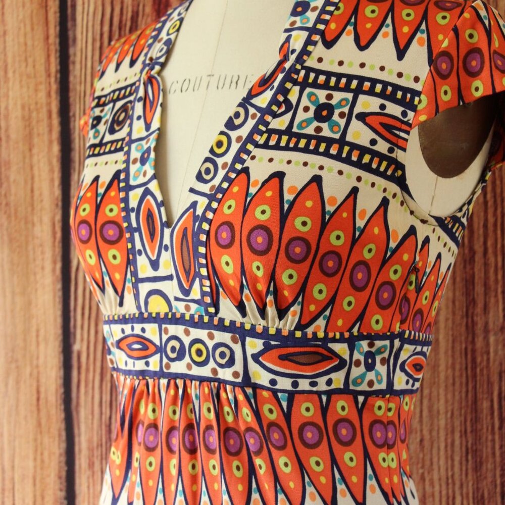 Trina Turk Womens Blouse, Silk, Size 0, Tribal Pattern in Orange and Navy - Picture 10 of 12